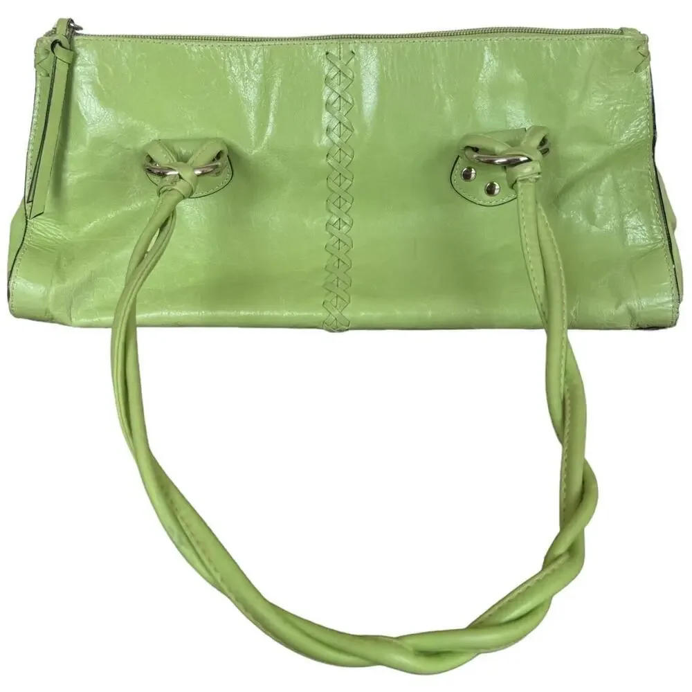 Peck & Peck Womens Satchel Handbag Green Leather Dual Handle Inner Pockets Zip